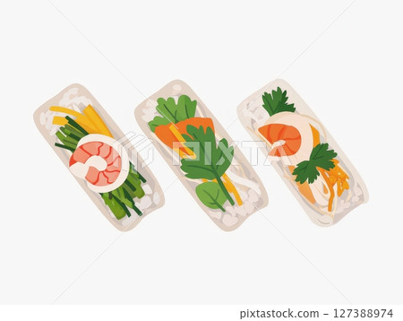 an AI Image Generator, Fresh Shrimp and Vegetable Spring Rolls With Dipping 127388974