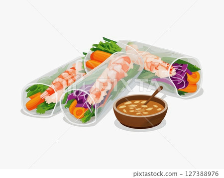 an AI Image Generator, Fresh Shrimp and Vegetable Spring Rolls With Dipping 127388976