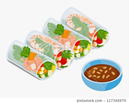 an AI Image Generator, Fresh Shrimp and Vegetable Spring Rolls With Dipping 127388979