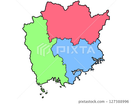 A slightly loose map of Okayama Prefecture, with regional color coding, Chugoku region 127388996