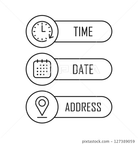 Date, time, location icon in flat style. Event message vector illustration on isolated background. Information sign business concept. Date, time, location icon in flat style. Event message vector illustration on isolated background. Information sign business concept. 127389059