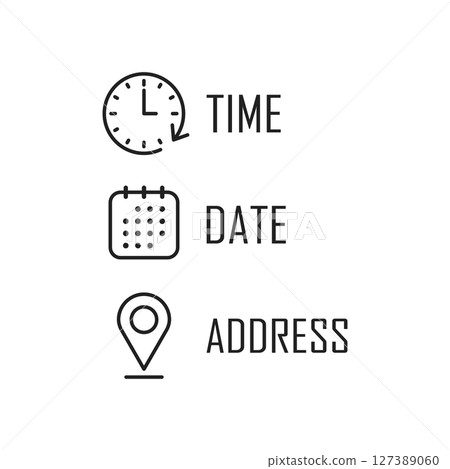 Date, time, location icon in flat style. Event message vector illustration on isolated background. Information sign business concept. 127389060