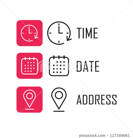 Date, time, location icon in flat style. Event message vector illustration on isolated background. Information sign business concept. Date, time, location icon in flat style. Event message vector illustration on isolated background. Information sign business concept. 127389061