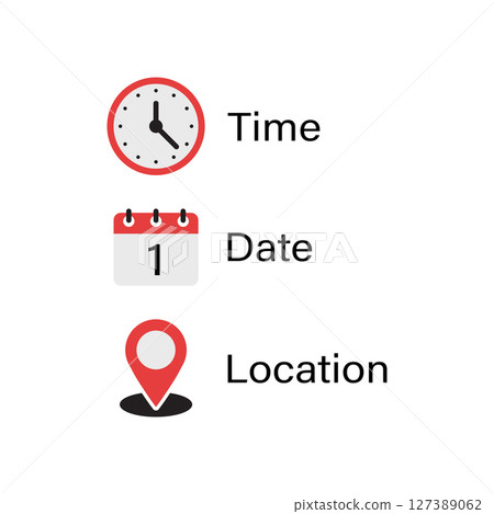 Date, time, location icon in flat style. Event message vector illustration on isolated background. Information sign business concept. Date, time, location icon in flat style. Event message vector illustration on isolated background. Information sign business concept. 127389062