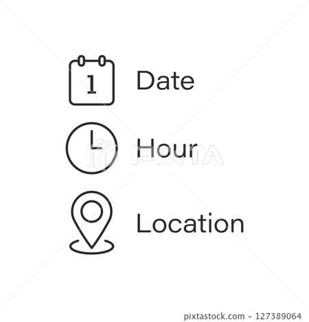 Date, time, location icon in flat style. Event message vector illustration on isolated background. Information sign business concept. Date, time, location icon in flat style. Event message vector illustration on isolated background. Information sign business concept. 127389064