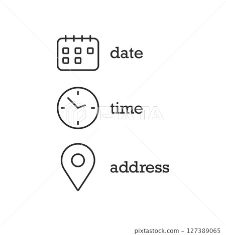 Date, time, location icon in flat style. Event message vector illustration on isolated background. Information sign business concept. 127389065