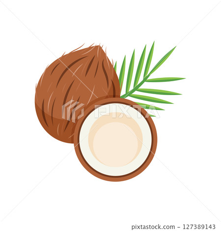 Coconut icon in flat style. Healthy food vector illustration on isolated background. Coco plant sign business concept. Coconut icon in flat style. Healthy food vector illustration on isolated background. Coco plant sign business concept. 127389143