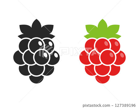 Grape, blueberry, raspberry fruit icon set collection in flat style. Berry vector illustration on isolated background. Nature snack sign business concept. 127389196