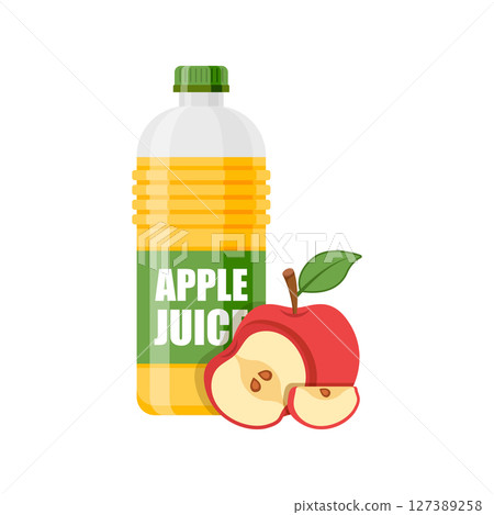 Apple juice in bottle icon in flat style. Fresh fruit drink vector illustration on isolated background. Healthy food sign business concept. 127389258