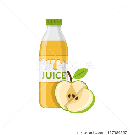 Apple juice in bottle icon in flat style. Fresh fruit drink vector illustration on isolated background. Healthy food sign business concept. 127389267