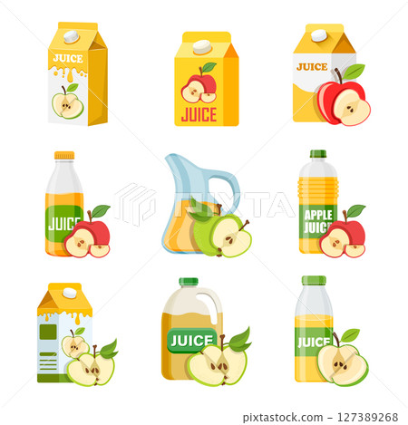 Apple juice icon set collection in flat style. Fresh fruit drink vector illustration on isolated background. Healthy food sign business concept. 127389268