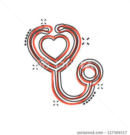 Stethoscope icon in comic style. Heart diagnostic cartoon vector illustration on isolated background. Medicine splash effect sign business concept. 127389317