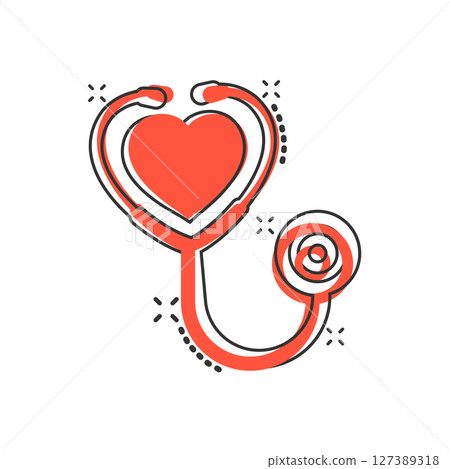 Stethoscope icon in comic style. Heart diagnostic cartoon vector illustration on isolated background. Medicine splash effect sign business concept. 127389318