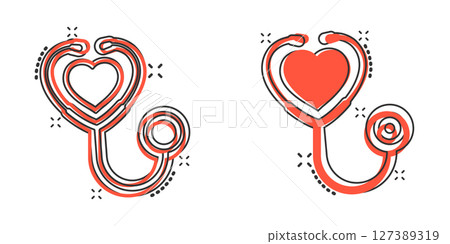 Stethoscope icon in comic style. Heart diagnostic cartoon vector illustration on isolated background. Medicine splash effect sign business concept. Stethoscope icon in comic style. Heart diagnostic cartoon vector illustration on isolated background. Medicine splash effect sign business concept. 127389319