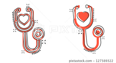 Stethoscope icon in comic style. Heart diagnostic cartoon vector illustration on isolated background. Medicine splash effect sign business concept. 127389322