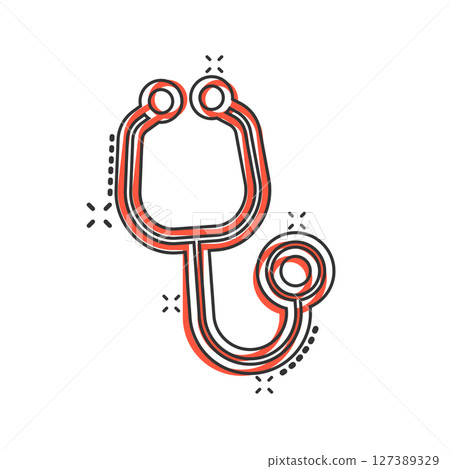 Stethoscope icon in comic style. Heart diagnostic cartoon vector illustration on isolated background. Medicine splash effect sign business concept. 127389329