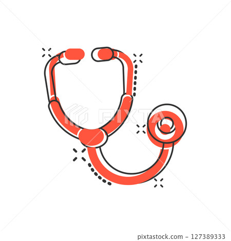 Stethoscope icon in comic style. Heart diagnostic cartoon vector illustration on isolated background. Medicine splash effect sign business concept. 127389333
