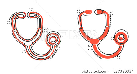 Stethoscope icon in comic style. Heart diagnostic cartoon vector illustration on isolated background. Medicine splash effect sign business concept. 127389334