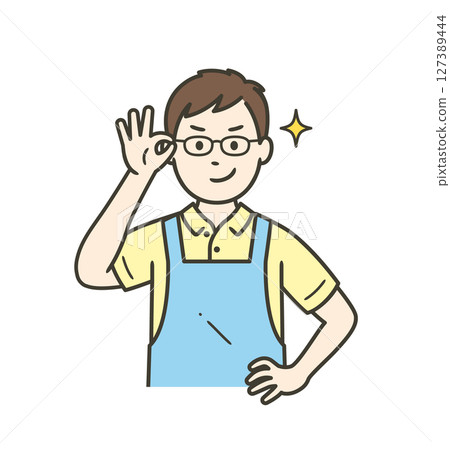 A young male caregiver who pushes up his glasses and smiles with confidence A young male caregiver who pushes up his glasses and smiles with confidence 127389444