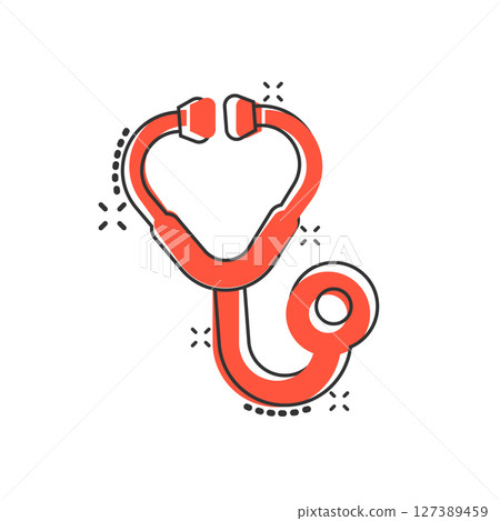 Stethoscope icon in comic style. Heart diagnostic cartoon vector illustration on isolated background. Medicine splash effect sign business concept. Stethoscope icon in comic style. Heart diagnostic cartoon vector illustration on isolated background. Medicine splash effect sign business concept. 127389459