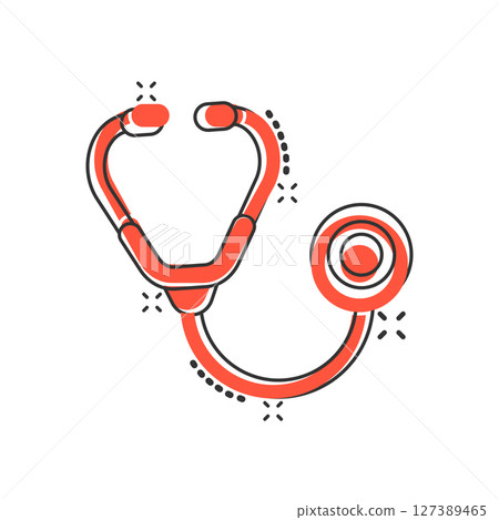 Stethoscope icon in comic style. Heart diagnostic cartoon vector illustration on isolated background. Medicine splash effect sign business concept. 127389465