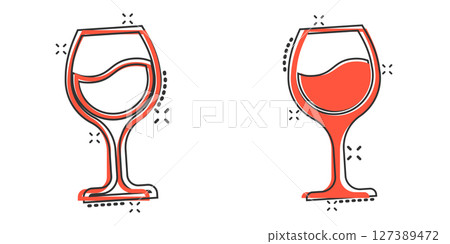 Wine glass icon in comic style. Champagne beverage cartoon vector illustration on isolated background. Cocktail drink splash effect sign business concept. 127389472