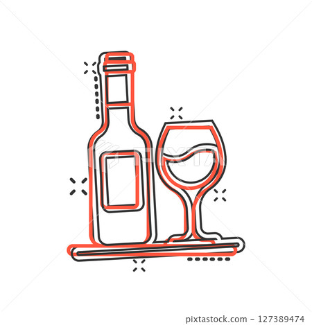 Wine glass and bottle icon in comic style. Champagne beverage cartoon vector illustration on isolated background. Cocktail drink splash effect sign business concept. Wine glass and bottle icon in comic style. Champagne beverage cartoon vector illustration on isolated background. Cocktail drink splash effect sign business concept. 127389474
