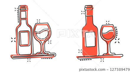 Wine glass and bottle icon in comic style. Champagne beverage cartoon vector illustration on isolated background. Cocktail drink splash effect sign business concept. Wine glass and bottle icon in comic style. Champagne beverage cartoon vector illustration on isolated background. Cocktail drink splash effect sign business concept. 127389479