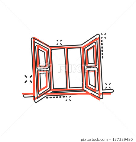 Window icon in comic style. Casement cartoon vector illustration on isolated background. House interior splash effect sign business concept. 127389480