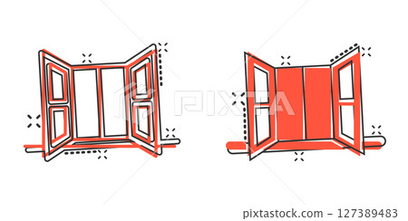 Window icon in comic style. Casement cartoon vector illustration on isolated background. House interior splash effect sign business concept. 127389483