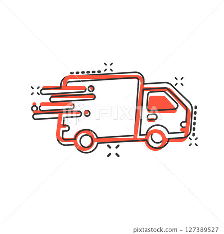 Shipping fast icon in comic style. Delivery truck cartoon vector illustration on isolated background. Express logistic splash effect sign business concept. 127389527