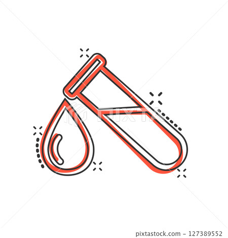 Blood in test tube icon in comic style. Laboratory flask cartoon vector illustration on isolated background. Liquid in beaker splash effect sign business concept. 127389552