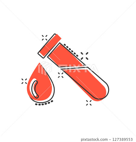 Blood in test tube icon in comic style. Laboratory flask cartoon vector illustration on isolated background. Liquid in beaker splash effect sign business concept. 127389553
