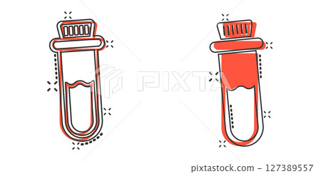 Blood in test tube icon in comic style. Laboratory flask cartoon vector illustration on isolated background. Liquid in beaker splash effect sign business concept. 127389557