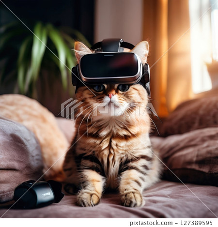 an AI Image Generator, Cute Tabby Cat Wearing Virtual Reality Headset in Cozy Living 127389595