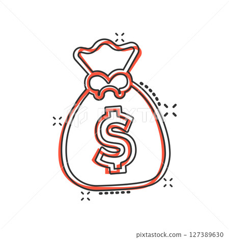 Money bag icon in comic style. Moneybag cartoon vector illustration on isolated background. Coin sack splash effect sign business concept. 127389630