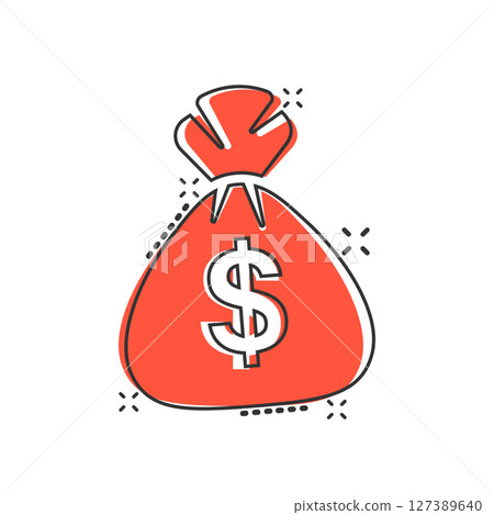 Money bag icon in comic style. Moneybag cartoon vector illustration on isolated background. Coin sack splash effect sign business concept. 127389640