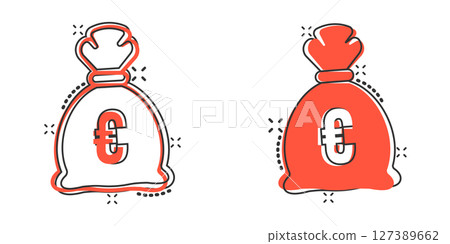 Money bag icon in comic style. Moneybag cartoon vector illustration on isolated background. Coin sack splash effect sign business concept. 127389662