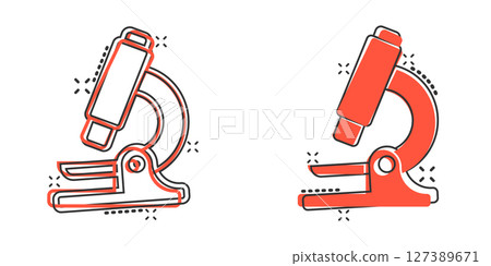Microscope icon in comic style. Laboratory magnifier cartoon vector illustration on isolated background. Biology instrument splash effect sign business concept. 127389671