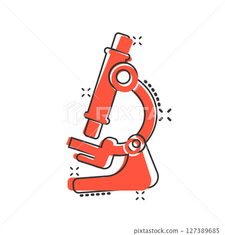 Microscope icon in comic style. Laboratory magnifier cartoon vector illustration on isolated background. Biology instrument splash effect sign business concept. Microscope icon in comic style. Laboratory magnifier cartoon vector illustration on isolated background. Biology instrument splash effect sign business concept. 127389685