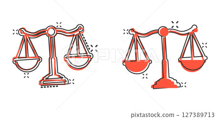 Scales icon in comic style. Libra cartoon vector illustration on isolated background. Mass comparison splash effect sign business concept. 127389713