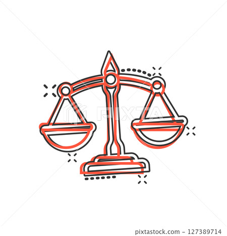 Scales icon in comic style. Libra cartoon vector illustration on isolated background. Mass comparison splash effect sign business concept. Scales icon in comic style. Libra cartoon vector illustration on isolated background. Mass comparison splash effect sign business concept. 127389714