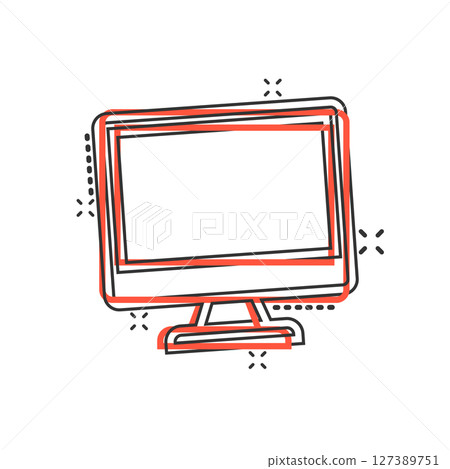 Personal computer in comic style. Desktop pc cartoon vector illustration on isolated background. Monitor display splash effect sign business concept. 127389751