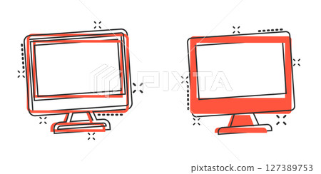 Personal computer in comic style. Desktop pc cartoon vector illustration on isolated background. Monitor display splash effect sign business concept. 127389753