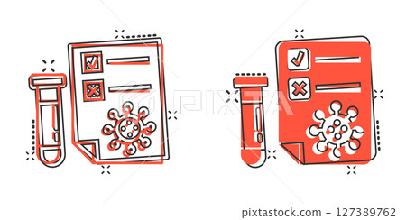 Coronavirus test icon in comic style. covid-19 cartoon vector illustration on isolated background. Medical diagnostic splash effect sign business concept. 127389762