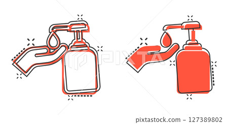 Hand sanitizer icon in comic style. Antiseptic bottle cartoon vector illustration on isolated background. Disinfect gel splash effect sign business concept. Hand sanitizer icon in comic style. Antiseptic bottle cartoon vector illustration on isolated background. Disinfect gel splash effect sign business concept. 127389802