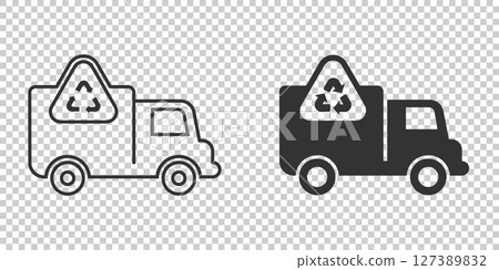 Garbage truck icon in flat style. Recycle vector illustration on white isolated background. Trash car sign business concept. 127389832