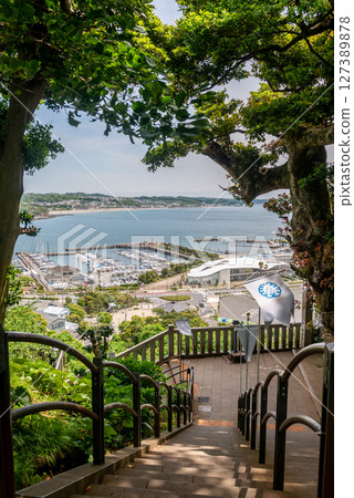 View of Enoshima Yacht Harbor from the stairs at Nakatsumiya Square, Enoshima View of Enoshima Yacht Harbor from the stairs at Nakatsumiya Square, Enoshima 127389878