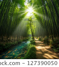 Bamboo forest bathed in sunlight and fish swimming in a stream - a fantastical Japanese-style landscape 127390050