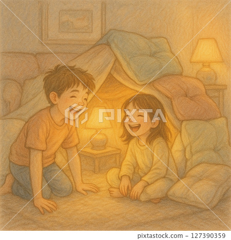 Brother and sister playing under the covers one night | Brother and sister playing under the covers, laughter before bed, watercolor-style family illustration 127390359